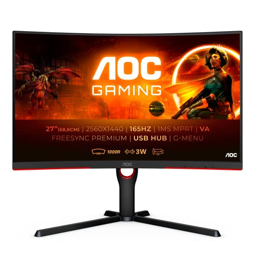 AOC CQ27G3SU- Monitor Gaming de 27" QHD (2560x1440, VA, 16:9, HDMI 2x2.0, Displayport 1x1.2, 1ms, 165 Hz, Curved 1000R, FreeSync Premium, FlickerFree, Low Blue Light), negro